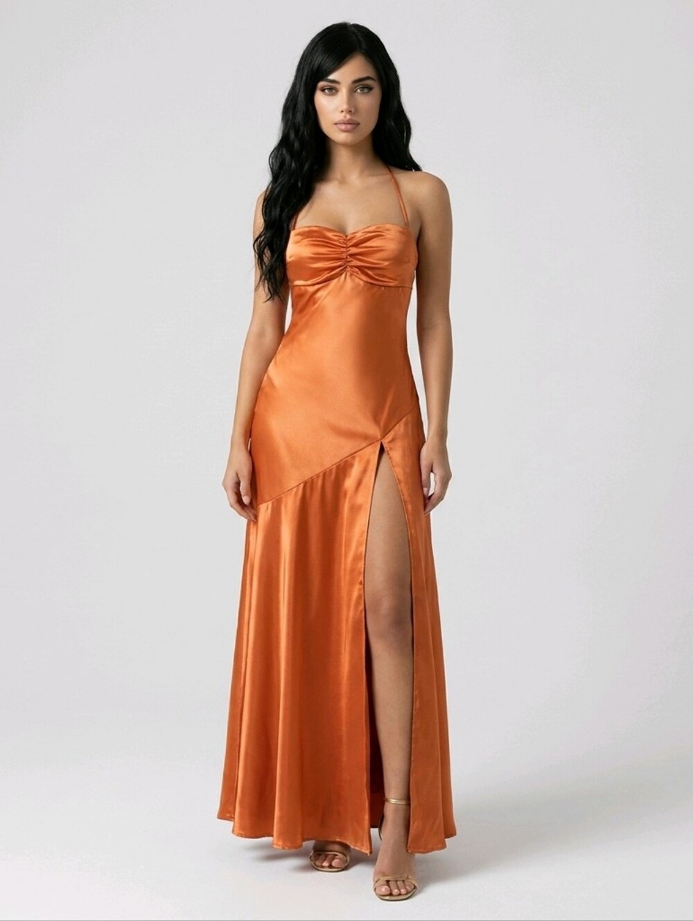 Junior Bridesmaid Satin Halter Dress 12 Orange Strapless Flared Slit NWT Read!